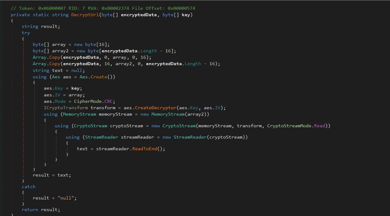 AES decryption process extracting payload URL