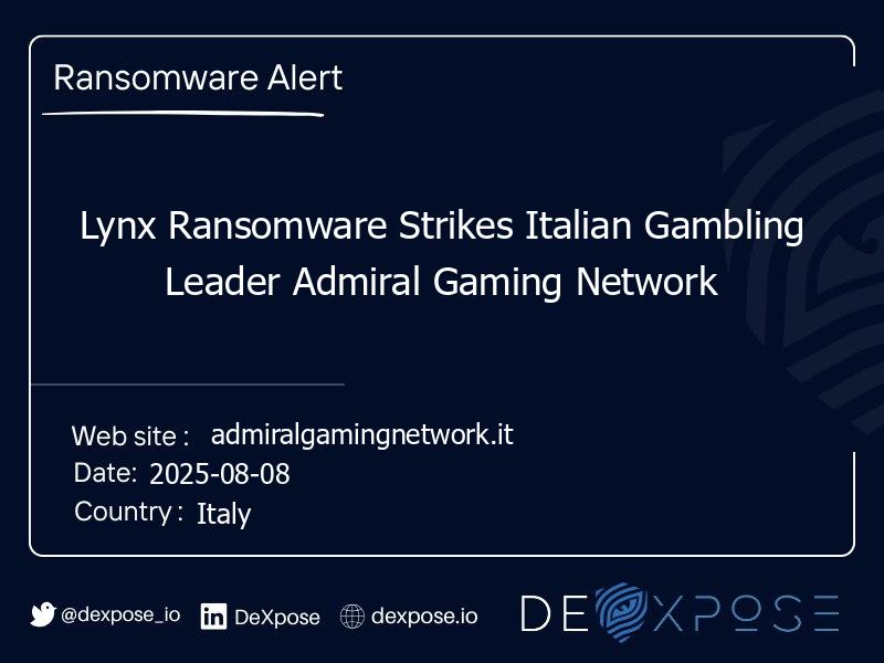 Lynx Ransomware Strikes Italian Gambling Leader Admiral Gaming Network