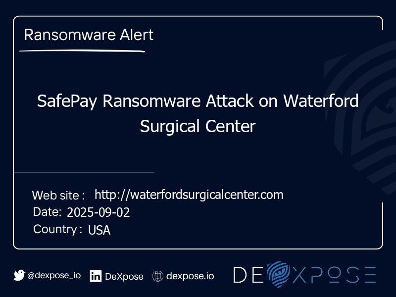 SafePay Ransomware Attack on Waterford Surgical Center