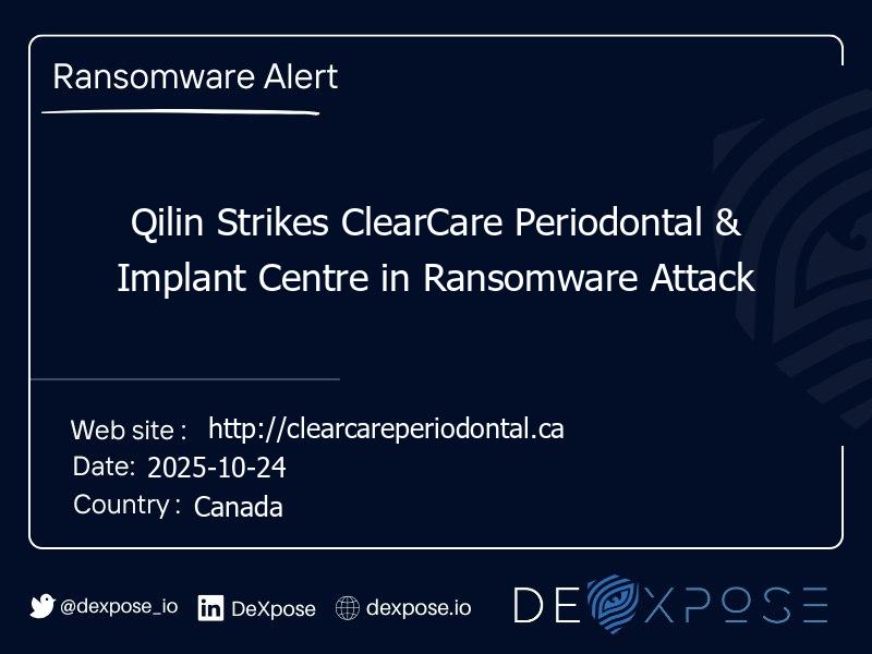 Qilin Strikes ClearCare Periodontal & Implant Centre in Ransomware Attack