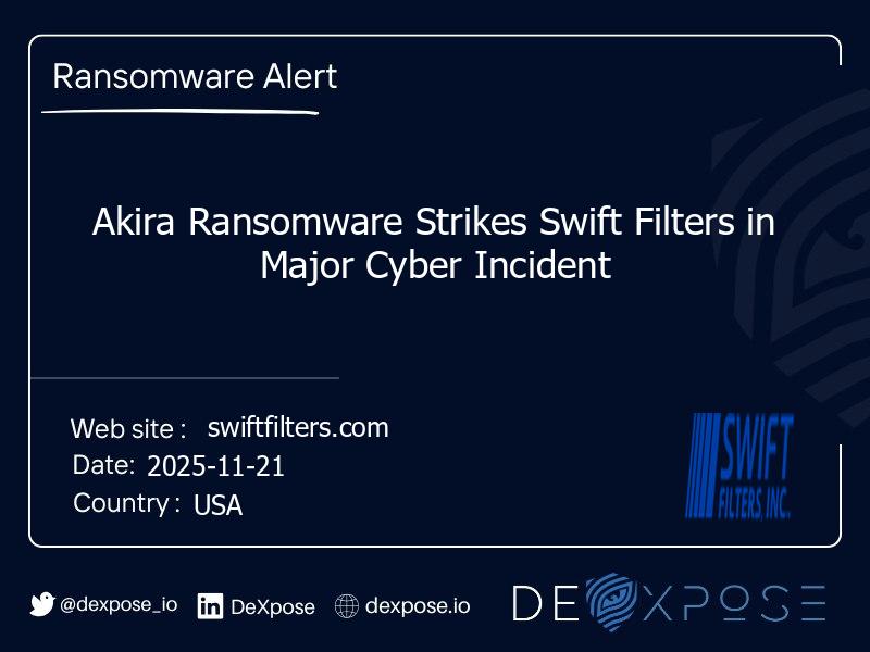 Akira Ransomware Strikes Swift Filters in Major Cyber Incident