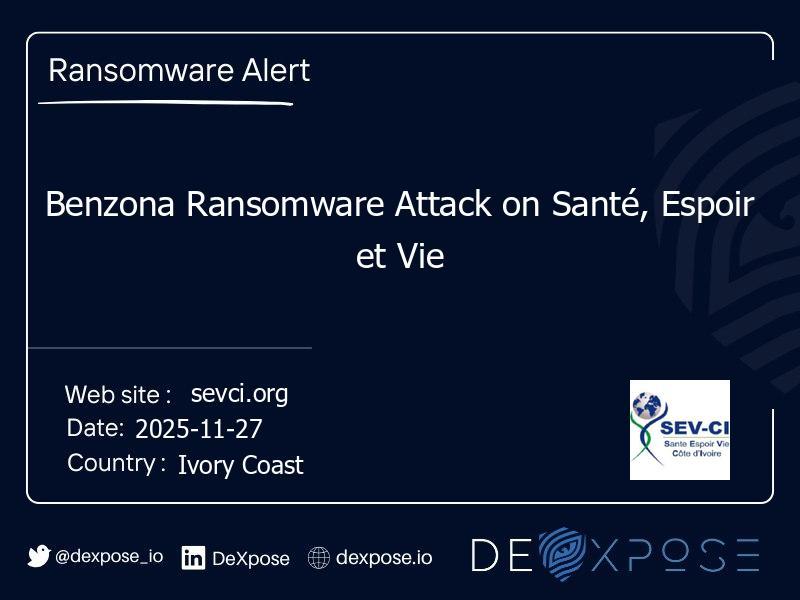 Benzona Ransomware Attack on Santé, Espoir et Vie