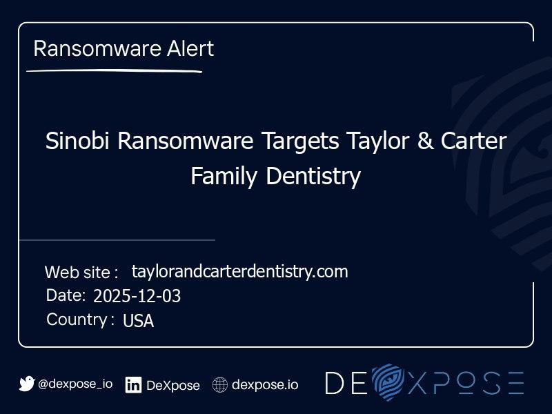 Sinobi Ransomware Targets Taylor & Carter Family Dentistry