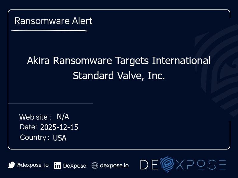 Akira Ransomware Targets International Standard Valve, Inc.